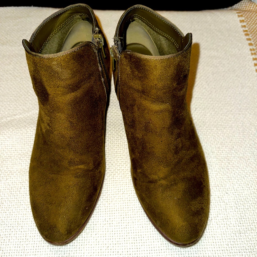 Olive green faux suede ankle booties
